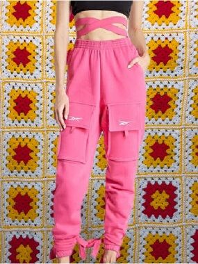 Reebok Cardi B Pants Womens M Pink Fusion Knit Cargo Joggers Tie Waist & Cuffs